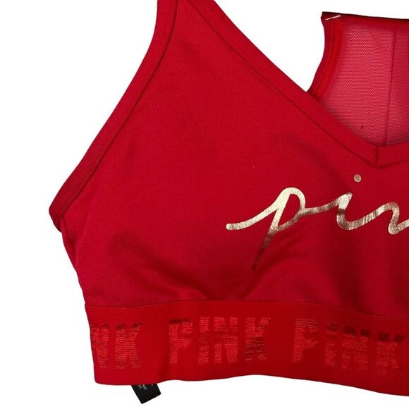 VICTORIA'S SECRET PINK Active Red Gold Spell Out Lightly Lined Bralette Bra XS - Picture 4 of 16